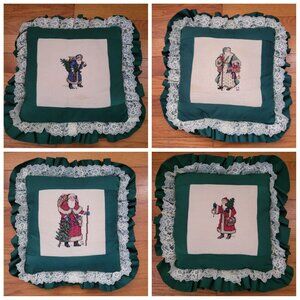 4 Vintage Santa Cross Stitch Embroidery Throw Pillows Lace Trim Father Christmas